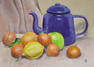 118. Blue Jug and Fruit, 2006<br>
Watercolor, 11" x 15" (27 x 38 cm)
